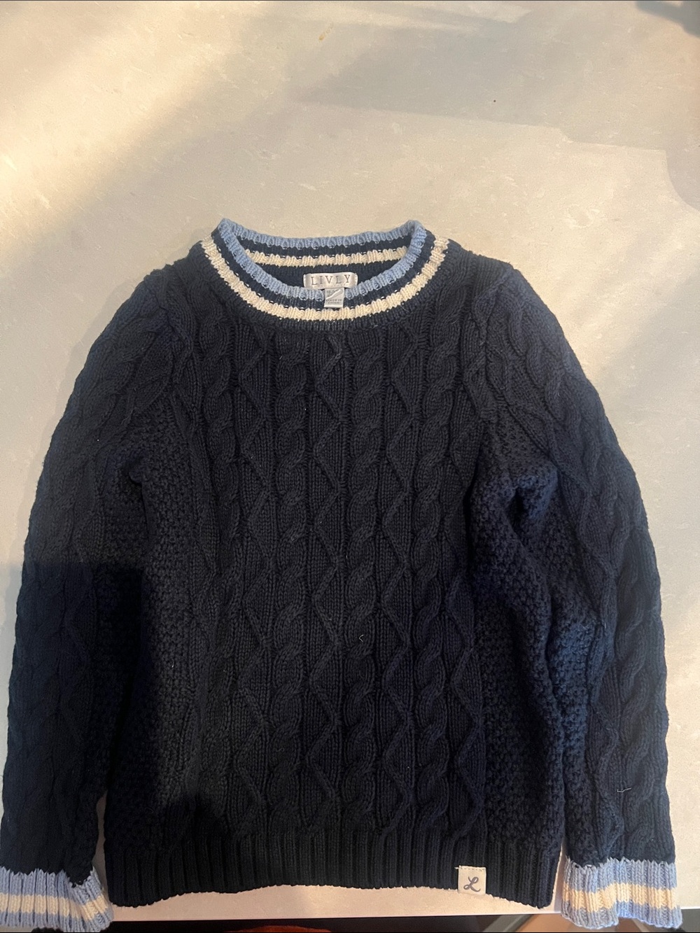 Lively Navy Cable-Knit Crewneck with Light Blue and White Trim